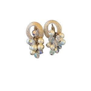 Vintage Faux Pearl and Crystal Beaded Clip On Earrings
